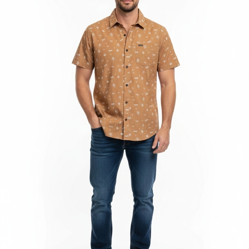 RVCA Kimura SS Button Up Shirt Men's Large - Toffee/Tan "Past Present Future" NW